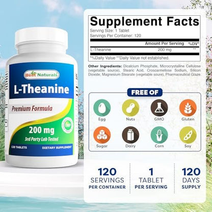 Best Naturals L-Theanin 200mg pro Tablette (400mg pro 2 Tabletten) – Fördert Entspannung ohne Schläfrigkeit – 120 vegetarische Tabletten