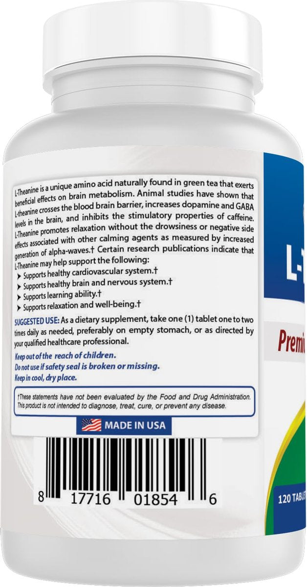 Best Naturals L-Theanin 200mg pro Tablette (400mg pro 2 Tabletten) – Fördert Entspannung ohne Schläfrigkeit – 120 vegetarische Tabletten