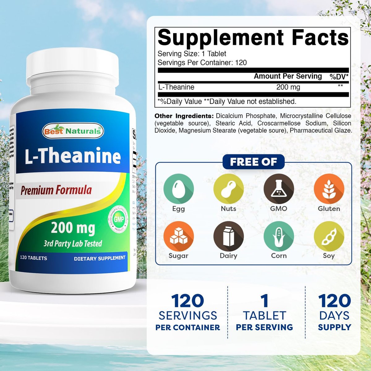 Best Naturals L-Theanin 200mg pro Tablette (400mg pro 2 Tabletten) – Fördert Entspannung ohne Schläfrigkeit – 120 vegetarische Tabletten