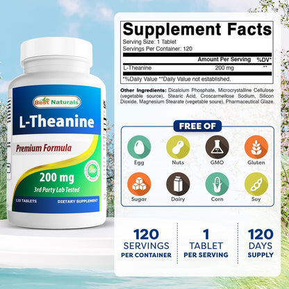 Best Naturals L-Theanin 200mg pro Tablette (400mg pro 2 Tabletten) – Fördert Entspannung ohne Schläfrigkeit – 120 vegetarische Tabletten