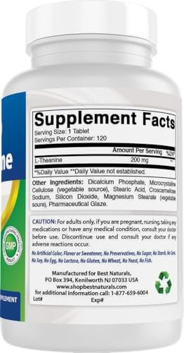 Best Naturals L-Theanin 200mg pro Tablette (400mg pro 2 Tabletten) – Fördert Entspannung ohne Schläfrigkeit – 120 vegetarische Tabletten