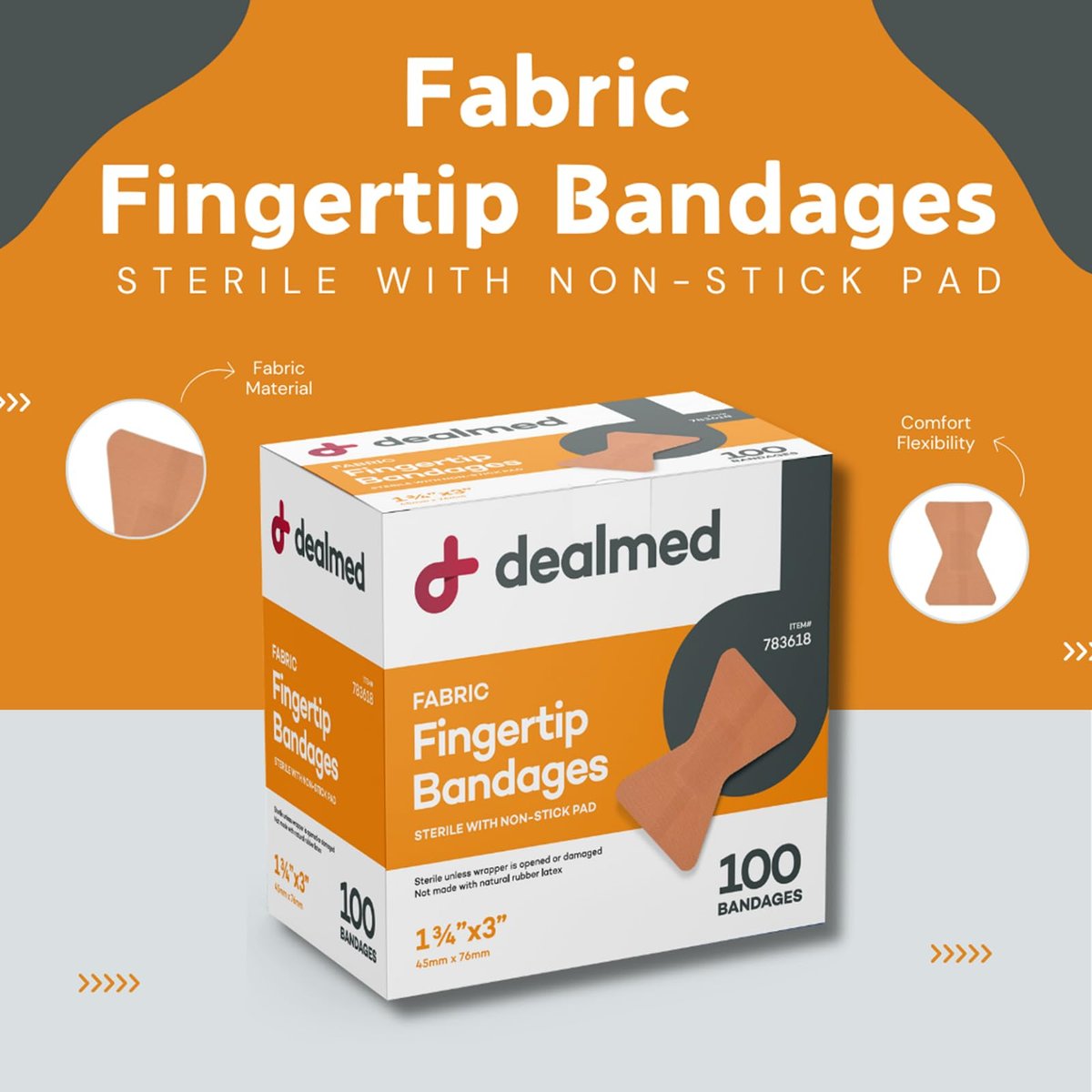 Dealmed Stoff-Fingerpflaster Flexible Klebebandagen – 100 Stück (1 Packung) Pflaster mit nicht haftendem Pad, Latexfrei, Wundversorgung für Erste-Hilfe-Set, 1 3/4" x 3"