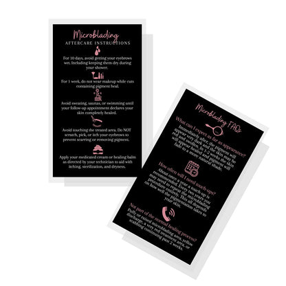 Microblading Aftercare Karten – 50 Stück, 3,5 x 2 Zoll, Einweg-FAQ-Pflegehinweise, PMU Schwarz mit Rosé-Design