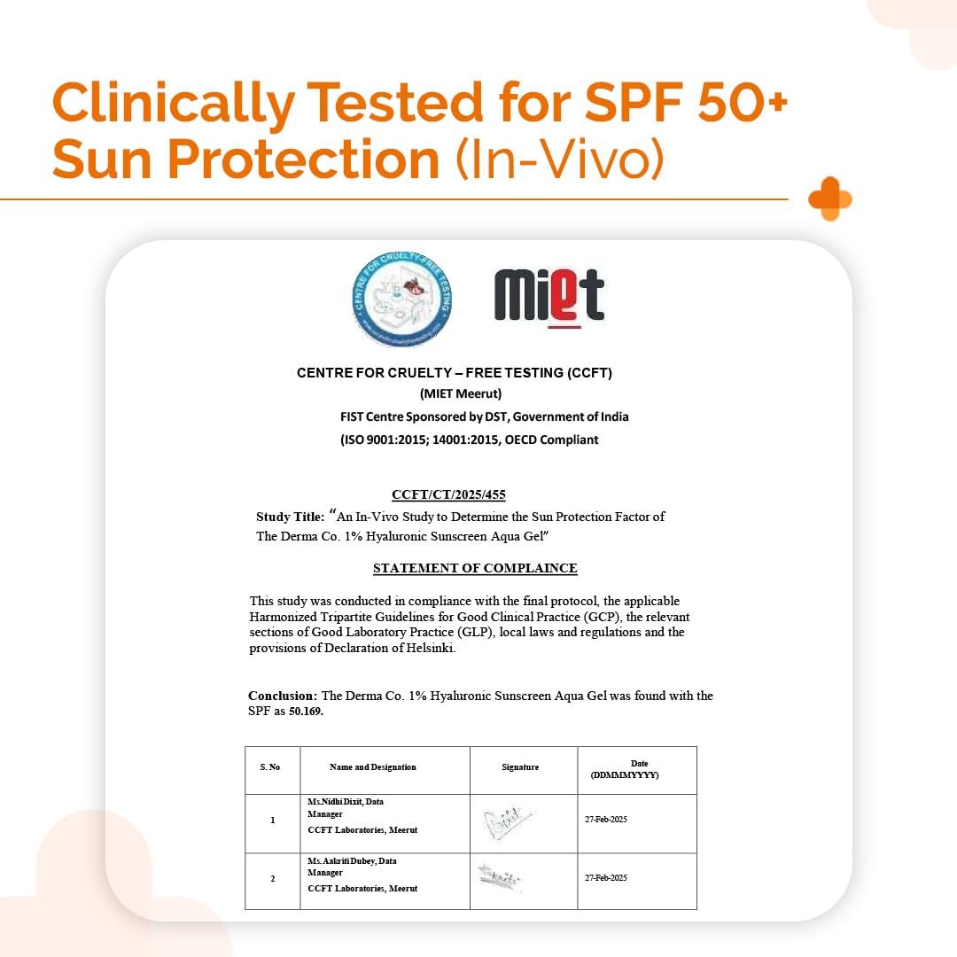 The Derma Co 1% Hyaluronsäure Sonnenschutz Aqua Gel mit SPF 50 & PA++++ | Breitspektrum UVA/B & Blaulichtschutz | Leicht & schnell einziehend mit Vitamin E | 1,76 oz / 50g