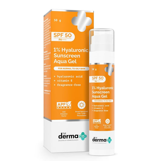 The Derma Co 1% Hyaluronsäure Sonnenschutz Aqua Gel mit SPF 50 & PA++++ | Breitspektrum UVA/B & Blaulichtschutz | Leicht & schnell einziehend mit Vitamin E | 1,76 oz / 50g