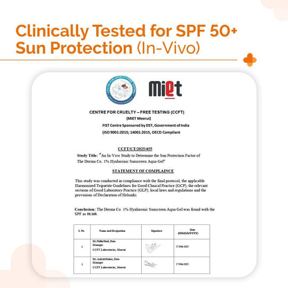 The Derma Co 1% Hyaluronsäure Sonnenschutz Aqua Gel mit SPF 50 & PA++++ | Breitspektrum UVA/B & Blaulichtschutz | Leicht & schnell einziehend mit Vitamin E | 1,76 oz / 50g