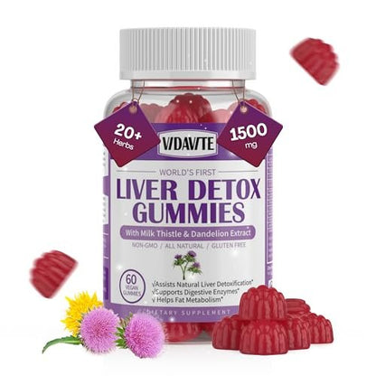 VIDAVITE Leber Reinigung Detox & Reparatur Gummibärchen — Zuckerfrei, hergestellt in den USA, 1500 mg Mariendistel mit Artischocke, Löwenzahn und über 20 Kräutern — Leberunterstützung für Männer und Frauen (60 vegane Gummis)