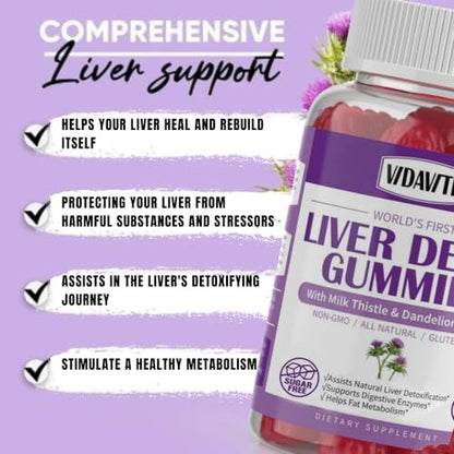 VIDAVITE Leber Reinigung Detox & Reparatur Gummibärchen — Zuckerfrei, hergestellt in den USA, 1500 mg Mariendistel mit Artischocke, Löwenzahn und über 20 Kräutern — Leberunterstützung für Männer und Frauen (60 vegane Gummis)