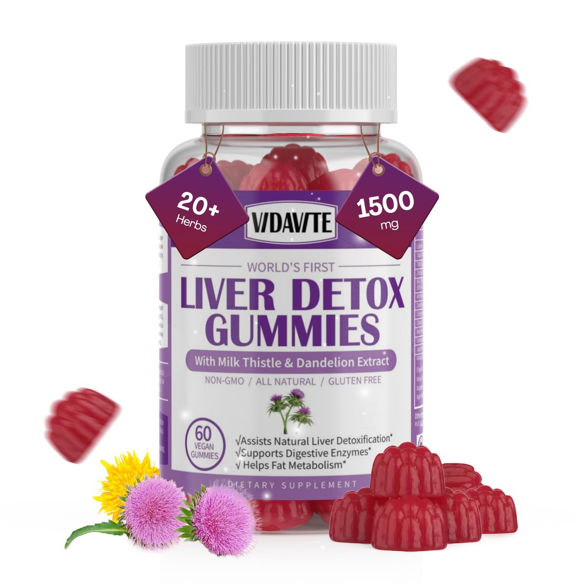 VIDAVITE Leber Reinigung Detox & Reparatur Gummibärchen — Zuckerfrei, hergestellt in den USA, 1500 mg Mariendistel mit Artischocke, Löwenzahn und über 20 Kräutern — Leberunterstützung für Männer und Frauen (60 vegane Gummis)