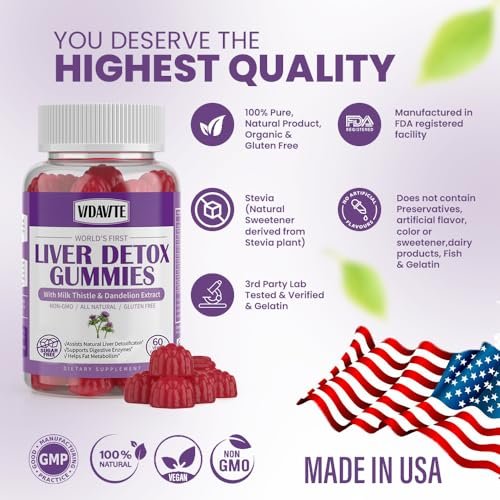 VIDAVITE Leber Reinigung Detox & Reparatur Gummibärchen — Zuckerfrei, hergestellt in den USA, 1500 mg Mariendistel mit Artischocke, Löwenzahn und über 20 Kräutern — Leberunterstützung für Männer und Frauen (60 vegane Gummis)