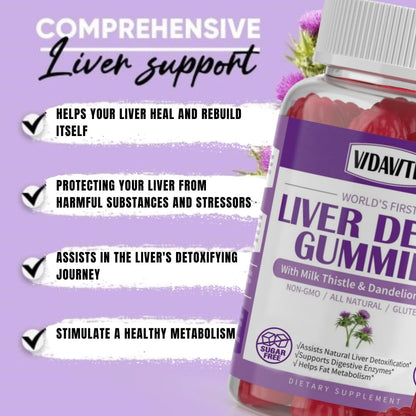 VIDAVITE Leber Reinigung Detox & Reparatur Gummibärchen — Zuckerfrei, hergestellt in den USA, 1500 mg Mariendistel mit Artischocke, Löwenzahn und über 20 Kräutern — Leberunterstützung für Männer und Frauen (60 vegane Gummis)