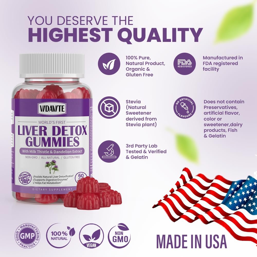 VIDAVITE Leber Reinigung Detox & Reparatur Gummibärchen — Zuckerfrei, hergestellt in den USA, 1500 mg Mariendistel mit Artischocke, Löwenzahn und über 20 Kräutern — Leberunterstützung für Männer und Frauen (60 vegane Gummis)