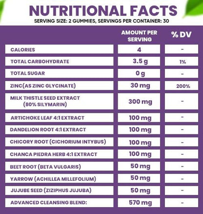 VIDAVITE Leber Reinigung Detox & Reparatur Gummibärchen — Zuckerfrei, hergestellt in den USA, 1500 mg Mariendistel mit Artischocke, Löwenzahn und über 20 Kräutern — Leberunterstützung für Männer und Frauen (60 vegane Gummis)