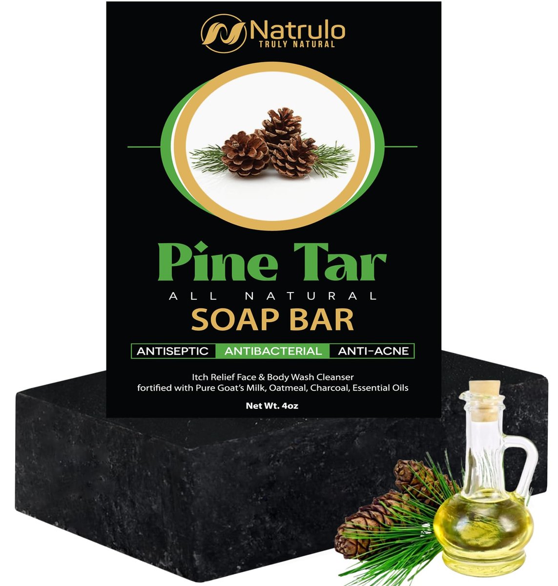 Natrulo All Natural Pine Tar Seife Bar 4oz – Reinigende Anti-Akne Ekzem Psoriasis Juckreiz Linderung Gesichts- & Körperwäsche – Reine Ziegenmilchseife mit Haferflocken, Aktivkohle, ätherischen Ölen – Hergestellt in den USA