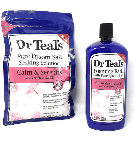 Dr. Teal's Calm & Serenity mit Rosenöl und Milchprotein – Badesalz & Schaumbad Set (1,36 kg + 1 l)