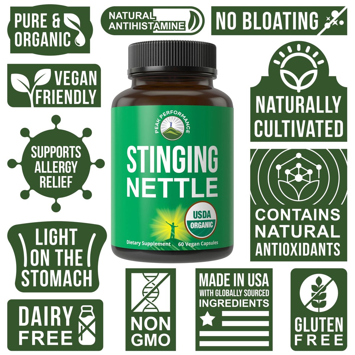 USDA Bio-Brennnessel Vegan Kapseln mit Brennnesselblattpulver für Prostata, Haarwachstum, Allergien - 60 Kapseln