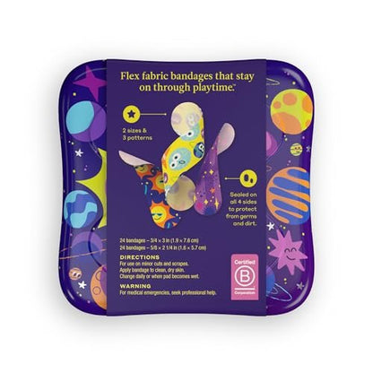 Welly Pflaster | Klebeflexible Stoff-Bravery-Badges | Gemischte Formen für kleine Schnitte, Schrammen und Wunden | Bunte und lustige Erste-Hilfe-Dose | Planet Pals Muster - 48 Stück