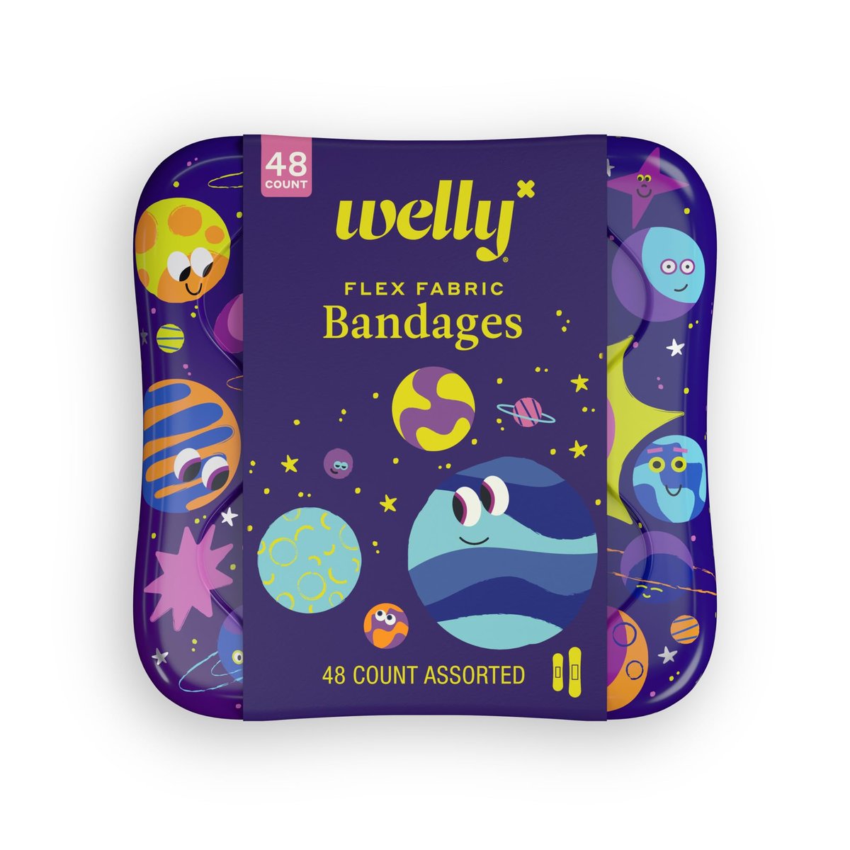 Welly Pflaster | Klebeflexible Stoff-Bravery-Badges | Gemischte Formen für kleine Schnitte, Schrammen und Wunden | Bunte und lustige Erste-Hilfe-Dose | Planet Pals Muster - 48 Stück