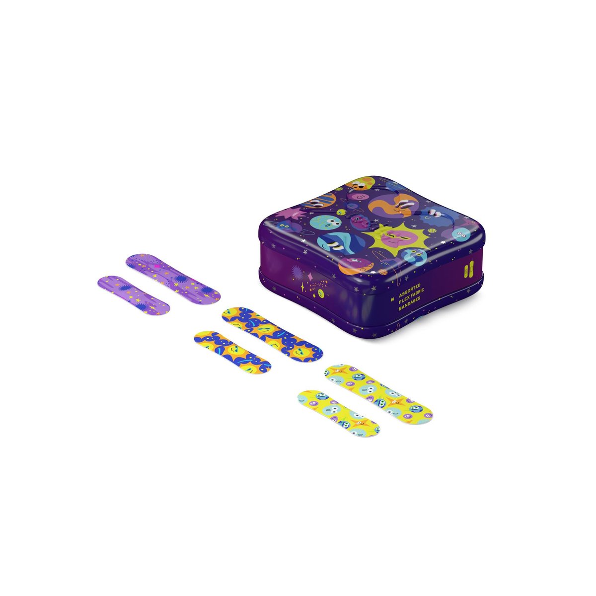 Welly Pflaster | Klebeflexible Stoff-Bravery-Badges | Gemischte Formen für kleine Schnitte, Schrammen und Wunden | Bunte und lustige Erste-Hilfe-Dose | Planet Pals Muster - 48 Stück