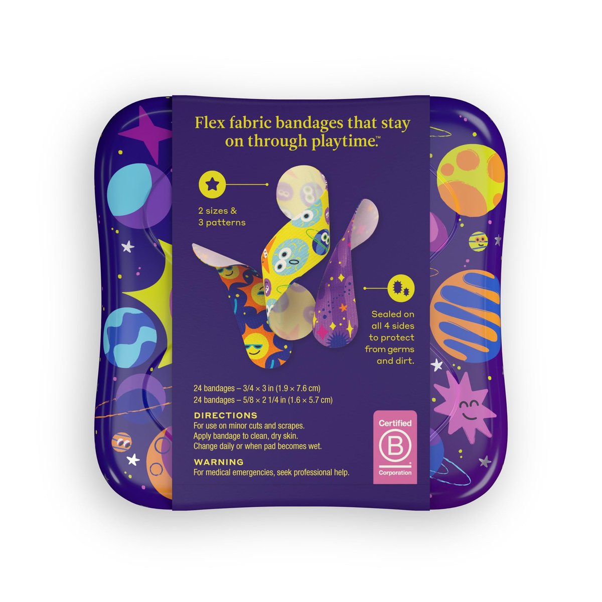 Welly Pflaster | Klebeflexible Stoff-Bravery-Badges | Gemischte Formen für kleine Schnitte, Schrammen und Wunden | Bunte und lustige Erste-Hilfe-Dose | Planet Pals Muster - 48 Stück