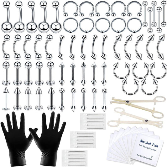 A-minusone 84-teiliges Piercing-Set für Körper und Septum – 14G 16G Werkzeuge für Nase, Zunge, Lippe, Ohr, Augenbraue, Bauchnabel, Knorpel, Tragus, Industrial, Helix, Daith – inkl. Klemmen
