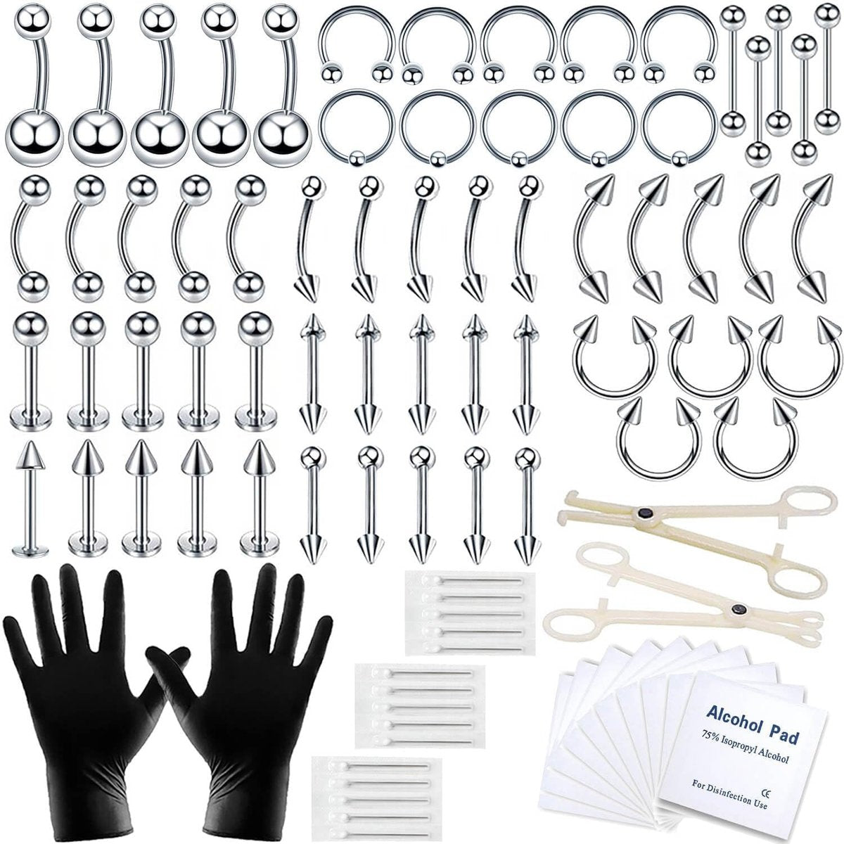 A-minusone 84-teiliges Piercing-Set für Körper und Septum – 14G 16G Werkzeuge für Nase, Zunge, Lippe, Ohr, Augenbraue, Bauchnabel, Knorpel, Tragus, Industrial, Helix, Daith – inkl. Klemmen