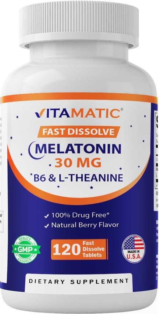 Vitamatic Melatonin 30 mg mit B6 & L-Theanin – 120 schnell lösliche Tabletten mit natürlichem Beerengeschmack (2 Tabletten Dosis = Melatonin 60 mg) (120 Stück pro Packung)