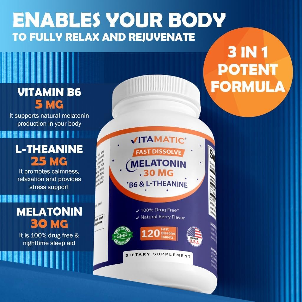 Vitamatic Melatonin 30 mg mit B6 & L-Theanin – 120 schnell lösliche Tabletten mit natürlichem Beerengeschmack (2 Tabletten Dosis = Melatonin 60 mg) (120 Stück pro Packung)