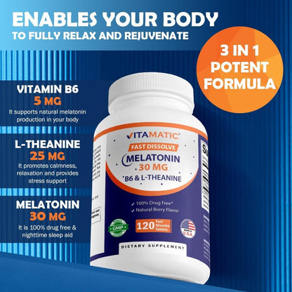 Vitamatic Melatonin 30 mg mit B6 & L-Theanin – 120 schnell lösliche Tabletten mit natürlichem Beerengeschmack (2 Tabletten Dosis = Melatonin 60 mg) (120 Stück pro Packung)