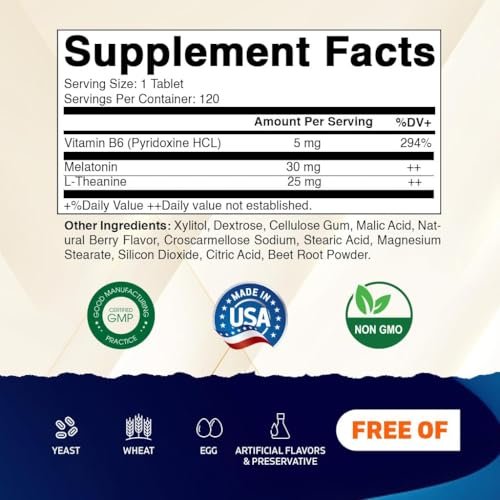 Vitamatic Melatonin 30 mg mit B6 & L-Theanin – 120 schnell lösliche Tabletten mit natürlichem Beerengeschmack (2 Tabletten Dosis = Melatonin 60 mg) (120 Stück pro Packung)