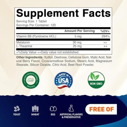 Vitamatic Melatonin 30 mg mit B6 & L-Theanin – 120 schnell lösliche Tabletten mit natürlichem Beerengeschmack (2 Tabletten Dosis = Melatonin 60 mg) (120 Stück pro Packung)