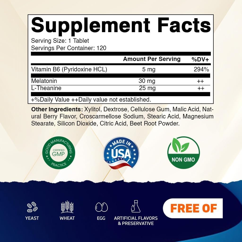 Vitamatic Melatonin 30 mg mit B6 & L-Theanin – 120 schnell lösliche Tabletten mit natürlichem Beerengeschmack (2 Tabletten Dosis = Melatonin 60 mg) (120 Stück pro Packung)