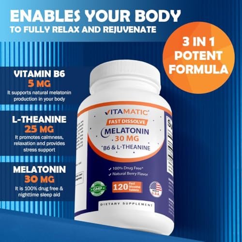 Vitamatic Melatonin 30 mg mit B6 & L-Theanin – 120 schnell lösliche Tabletten mit natürlichem Beerengeschmack (2 Tabletten Dosis = Melatonin 60 mg) (120 Stück pro Packung)