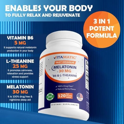 Vitamatic Melatonin 30 mg mit B6 & L-Theanin – 120 schnell lösliche Tabletten mit natürlichem Beerengeschmack (2 Tabletten Dosis = Melatonin 60 mg) (120 Stück pro Packung)