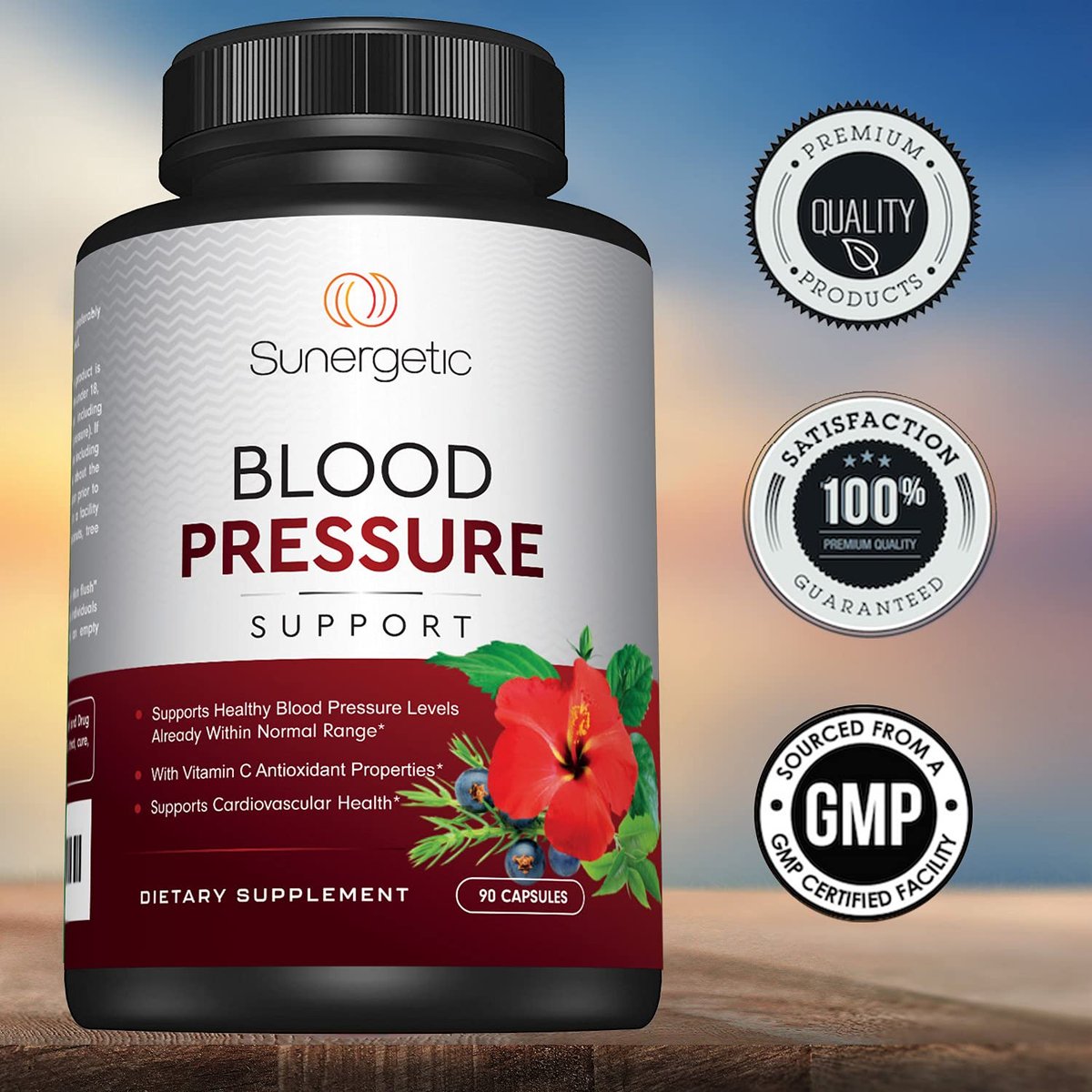 Sunergetic Premium Blutdruck Unterstützung – Herz-Kreislauf-Gesundheit mit Knoblauch, Weißdorn & Hibiskus (90 Kapseln)