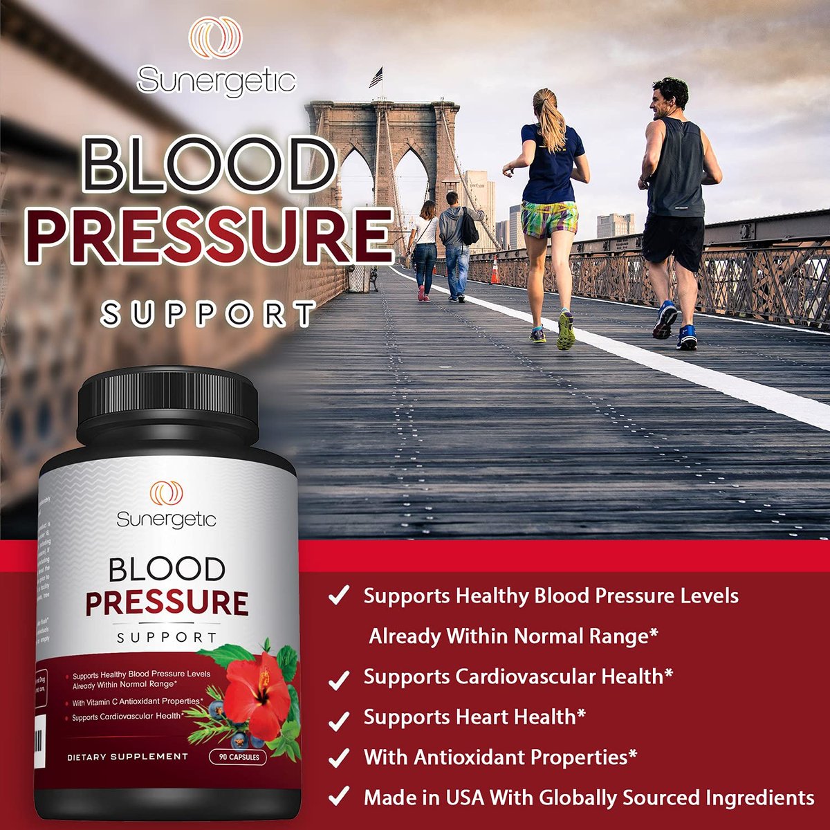 Sunergetic Premium Blutdruck Unterstützung – Herz-Kreislauf-Gesundheit mit Knoblauch, Weißdorn & Hibiskus (90 Kapseln)
