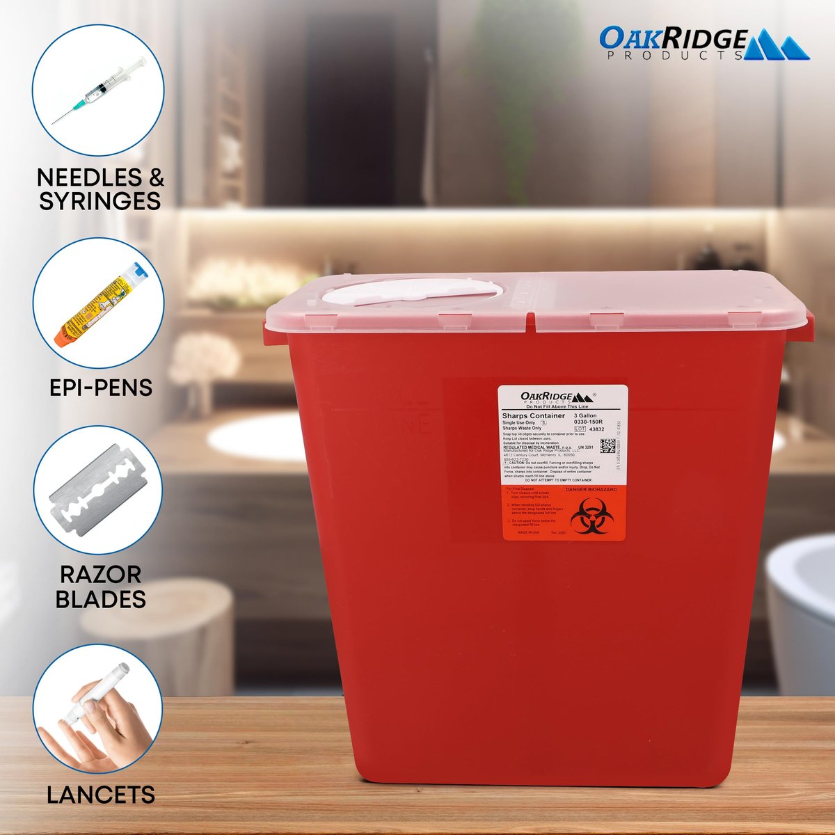 Oakridge Products Großer Sharps-Behälter für den Heimgebrauch und Profi-Einsatz, 3 Gallonen (1er-Pack) mit Drehdeckel, Biohazard-Nadel- und Spritzenentsorgung, CDC-zertifiziert