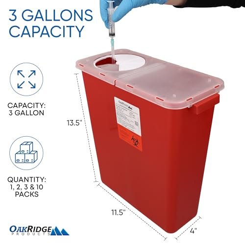Oakridge Products Großer Sharps-Behälter für den Heimgebrauch und Profi-Einsatz, 3 Gallonen (1er-Pack) mit Drehdeckel, Biohazard-Nadel- und Spritzenentsorgung, CDC-zertifiziert