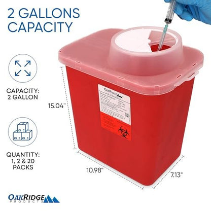 Oakridge Products Großer Entsorgungsbehälter für scharfe Gegenstände für den Heimgebrauch und den professionellen Einsatz 2 Gallonen (2er-Pack) mit Kaminaufsatz, Biohazard-Nadel- und Spritzenentsorgung, CDC-zertifiziert
