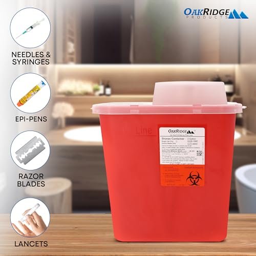 Oakridge Products Großer Behälter für scharfe Gegenstände für den Heimgebrauch und Profis 2 Gallonen (1 Pack) mit Kaminaufsatz, Biohazard-Nadel- und Spritzenentsorgung, CDC-zertifiziert