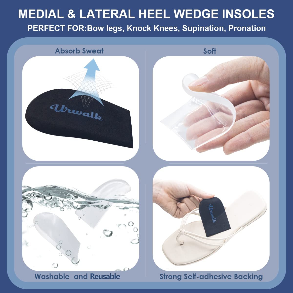 Urwalk 3-lagige verstellbare Korrektur-Einlegesohlen für Supination und Überpronation – Medialer & Lateraler Fersenkeil für Fußausrichtung, Knieschmerzen, O-Beine, Arthrose (Schwarz - Groß)