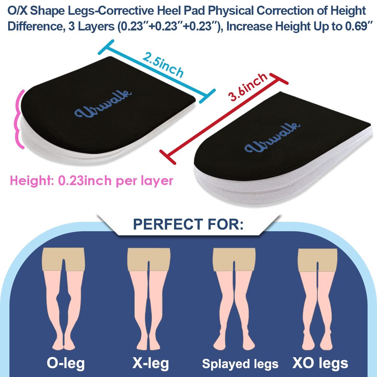 Urwalk 3-lagige verstellbare Korrektur-Einlegesohlen für Supination und Überpronation – Medialer & Lateraler Fersenkeil für Fußausrichtung, Knieschmerzen, O-Beine, Arthrose (Schwarz - Groß)