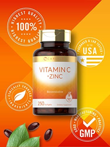 Carlyle Vitamin C mit Zink | 250 Weichkapseln | Bioverfügbar | Ascorbinsäure | Zinkoxid | Nicht-GVO und Glutenfrei