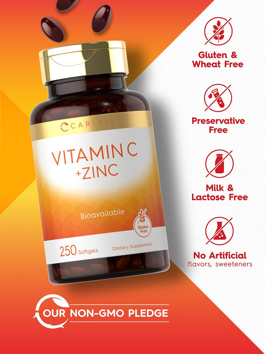 Carlyle Vitamin C mit Zink | 250 Weichkapseln | Bioverfügbar | Ascorbinsäure | Zinkoxid | Nicht-GVO und Glutenfrei