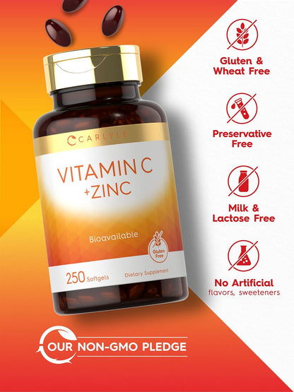 Carlyle Vitamin C mit Zink | 250 Weichkapseln | Bioverfügbar | Ascorbinsäure | Zinkoxid | Nicht-GVO und Glutenfrei