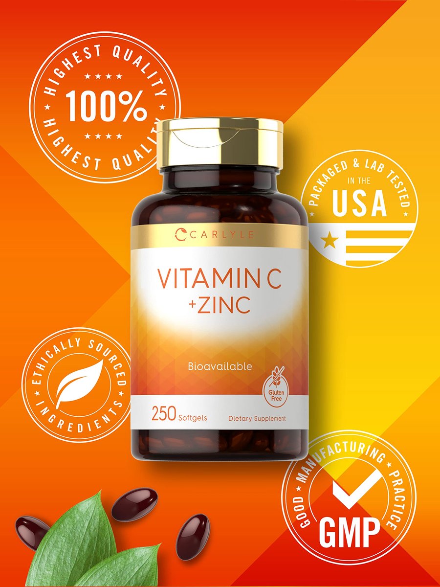 Carlyle Vitamin C mit Zink | 250 Weichkapseln | Bioverfügbar | Ascorbinsäure | Zinkoxid | Nicht-GVO und Glutenfrei