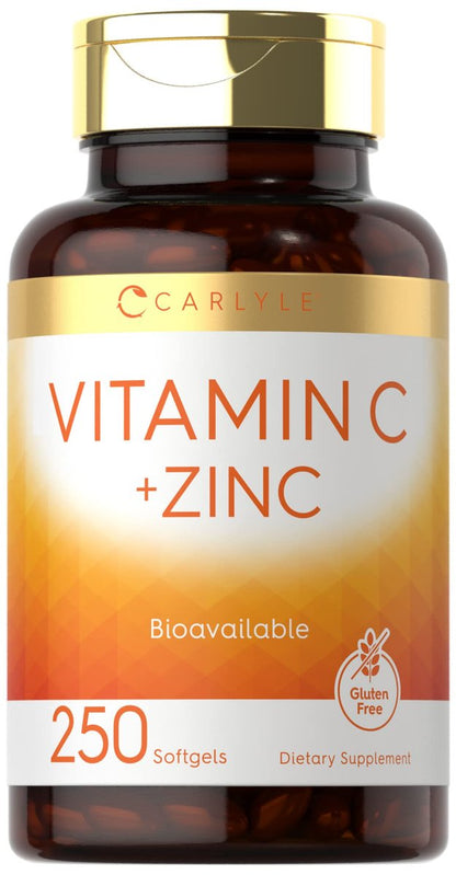 Carlyle Vitamin C mit Zink | 250 Weichkapseln | Bioverfügbar | Ascorbinsäure | Zinkoxid | Nicht-GVO und Glutenfrei