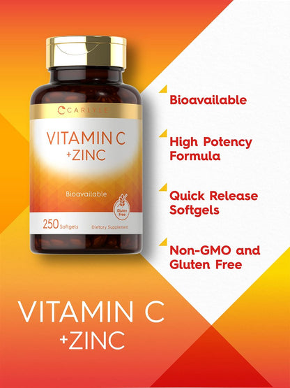 Carlyle Vitamin C mit Zink | 250 Weichkapseln | Bioverfügbar | Ascorbinsäure | Zinkoxid | Nicht-GVO und Glutenfrei