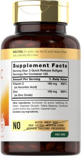 Carlyle Vitamin C mit Zink | 250 Weichkapseln | Bioverfügbar | Ascorbinsäure | Zinkoxid | Nicht-GVO und Glutenfrei