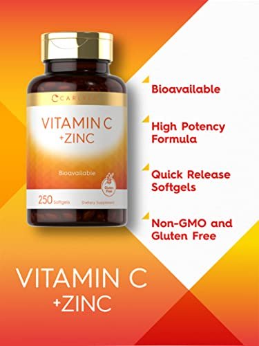 Carlyle Vitamin C mit Zink | 250 Weichkapseln | Bioverfügbar | Ascorbinsäure | Zinkoxid | Nicht-GVO und Glutenfrei